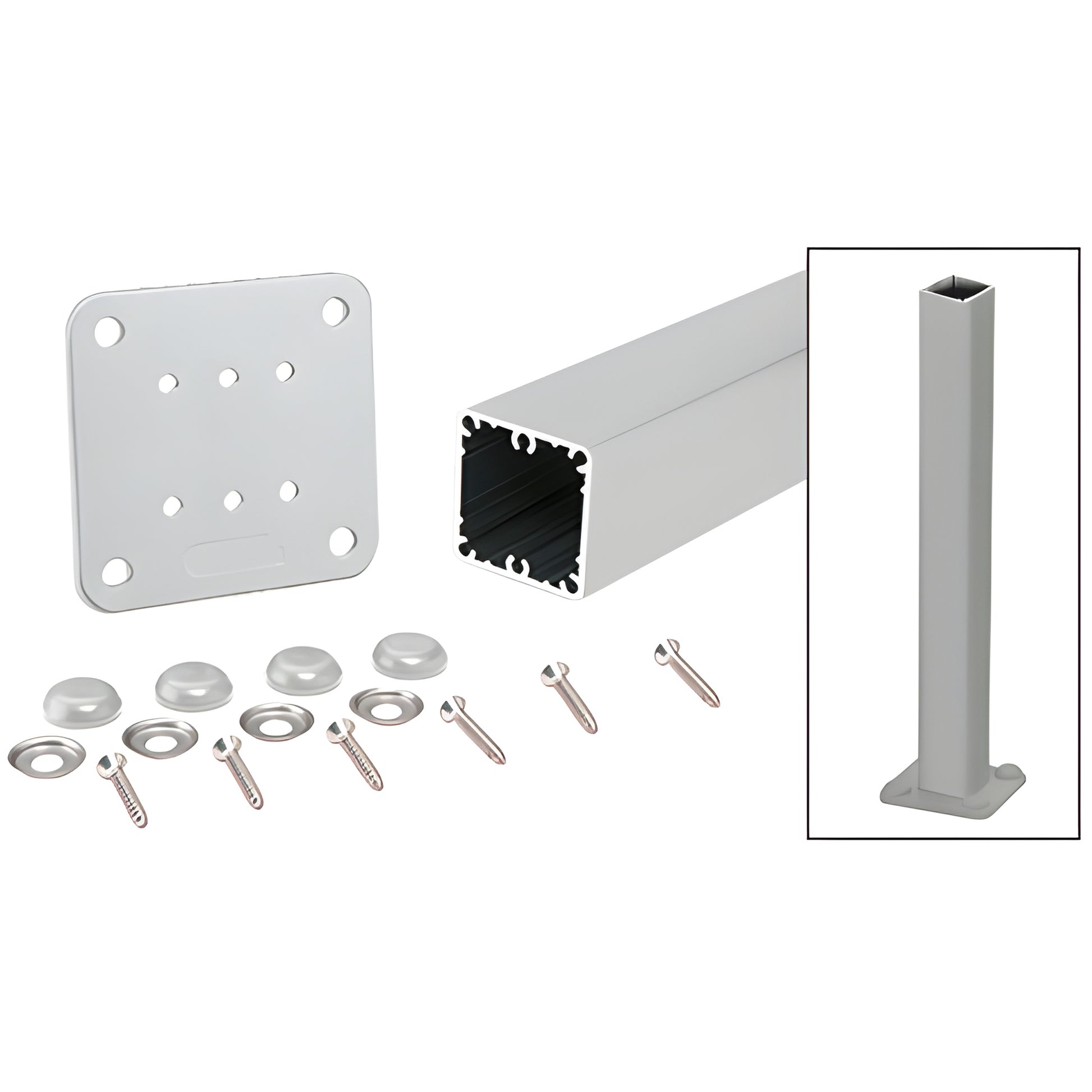 Silver aluminum 42" (2-3/8") square surface mount post kit with base plate, screws, washers and bolt covers, SKU P42KS