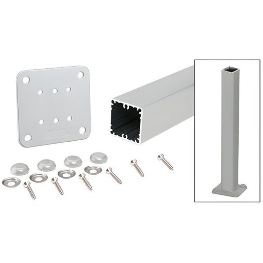 Silver aluminum 42" (2-3/8") square surface mount post kit with base plate, screws, washers and bolt covers, SKU P42KS