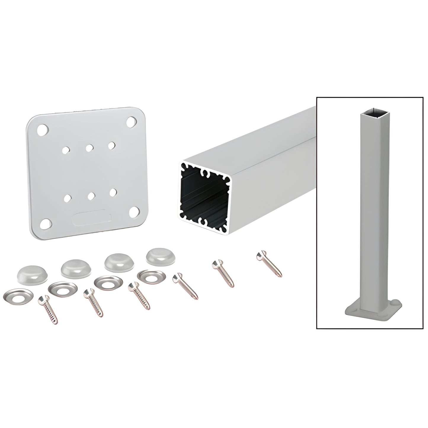 Silver aluminum 48in square surface-mount post kit (P48KS) with base plate, gasket, screws, washers, bolt covers
