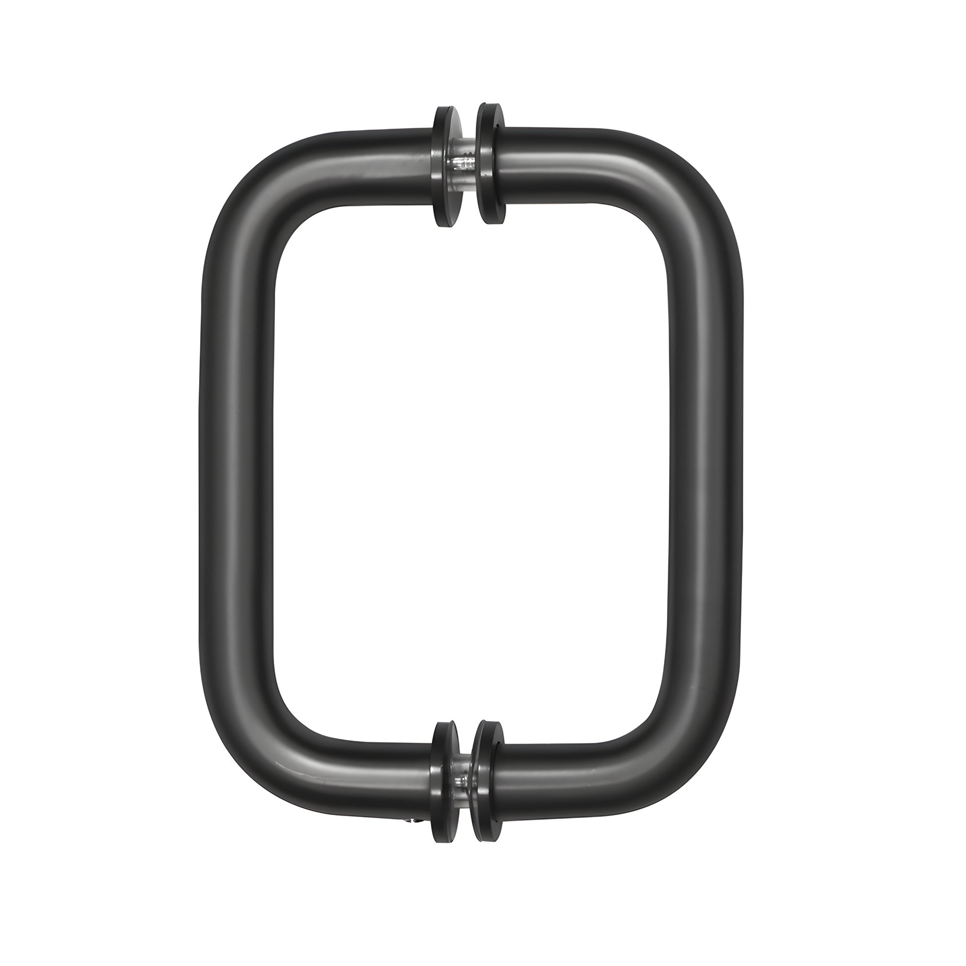 Matte black brass tubular back-to-back glass pull handle with metal washers, 3/4 in dia, 6 in C-to-C SKU BM6X6MBL