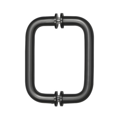 Matte black brass tubular back-to-back glass pull handle with metal washers, 3/4 in dia, 6 in C-to-C SKU BM6X6MBL