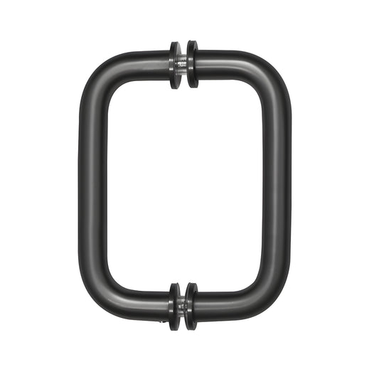 Matte black brass tubular back-to-back glass pull handle with metal washers, 3/4 in dia, 6 in C-to-C SKU BM6X6MBL