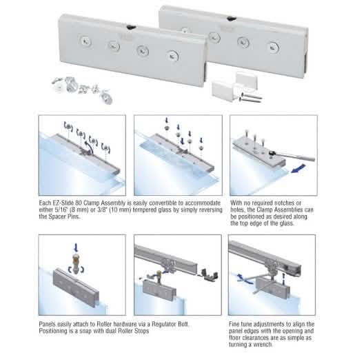 "CRL EZ-Slide 80 Clamps and Bottom Guide - Secure, durable sliding door hardware solution.