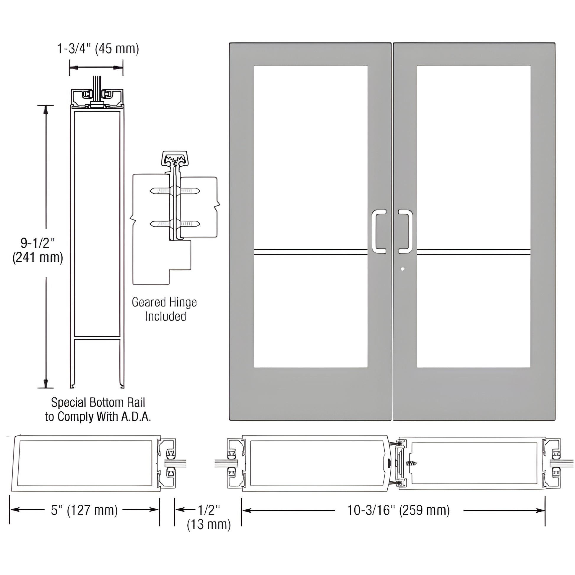 CRL CD52811 clear anodized wide-stile commercial double glass entrance door, 5" stiles, ADA 9-1/2" bottom rail.