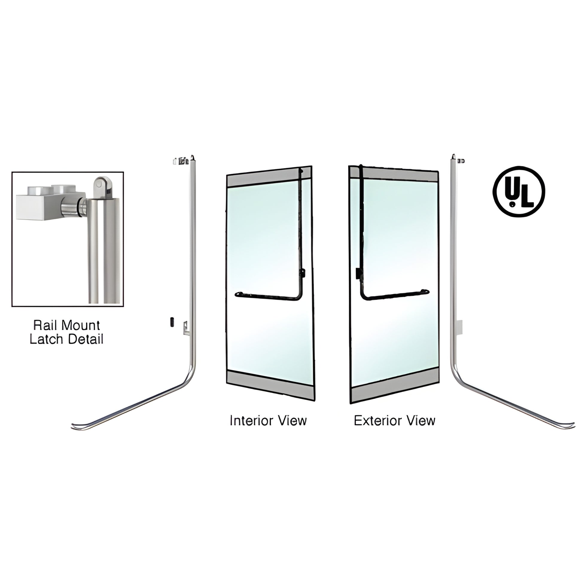 Brushed stainless steel PA100D3RPBS tubular panic handle for 1/2-3/4 tempered glass doors, rail-mount, ADA-friendly.