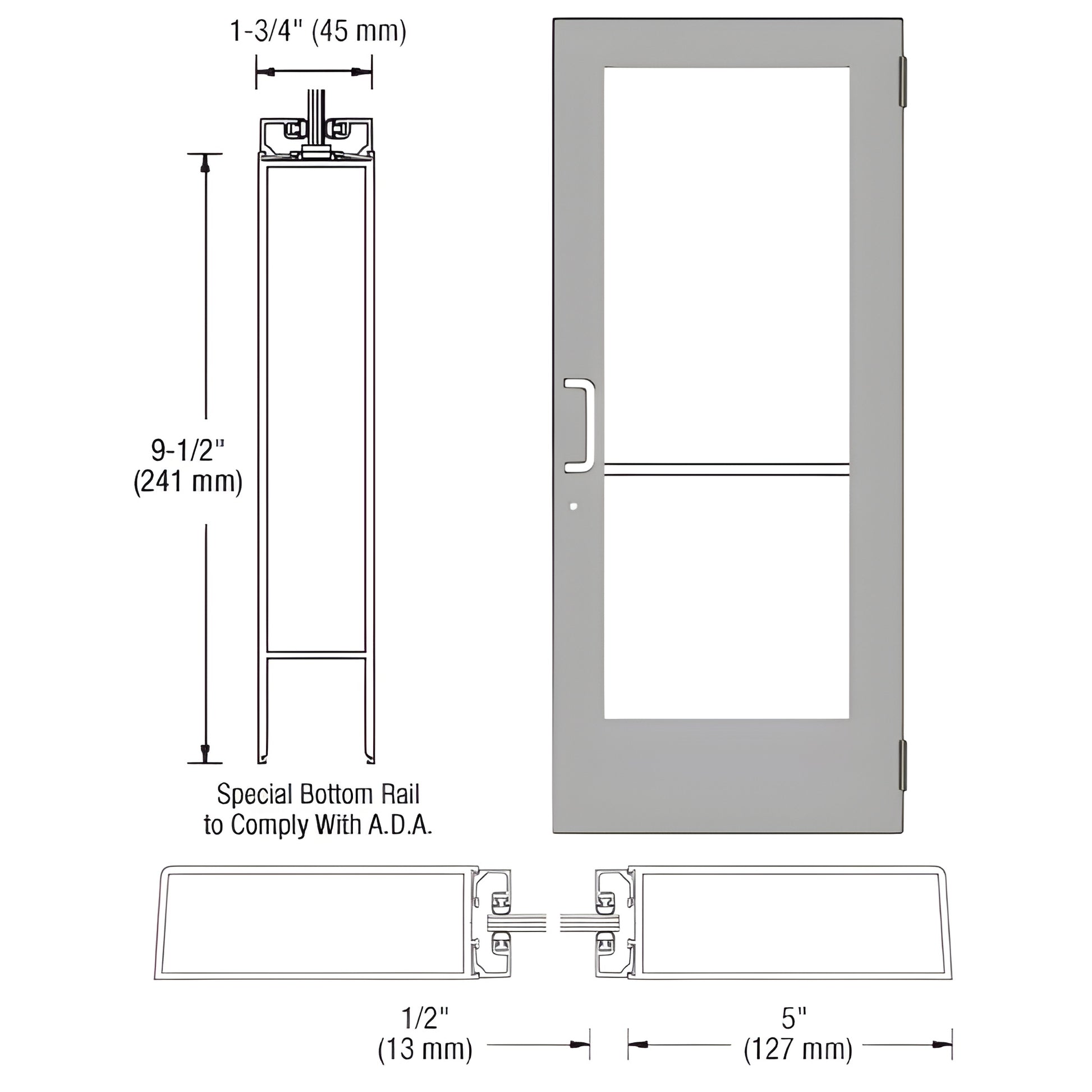 Clear anodized commercial entrance door CD51511 - 5" stiles, 91 2" ADA bottom rail, frame for 1/4" tempered glass.