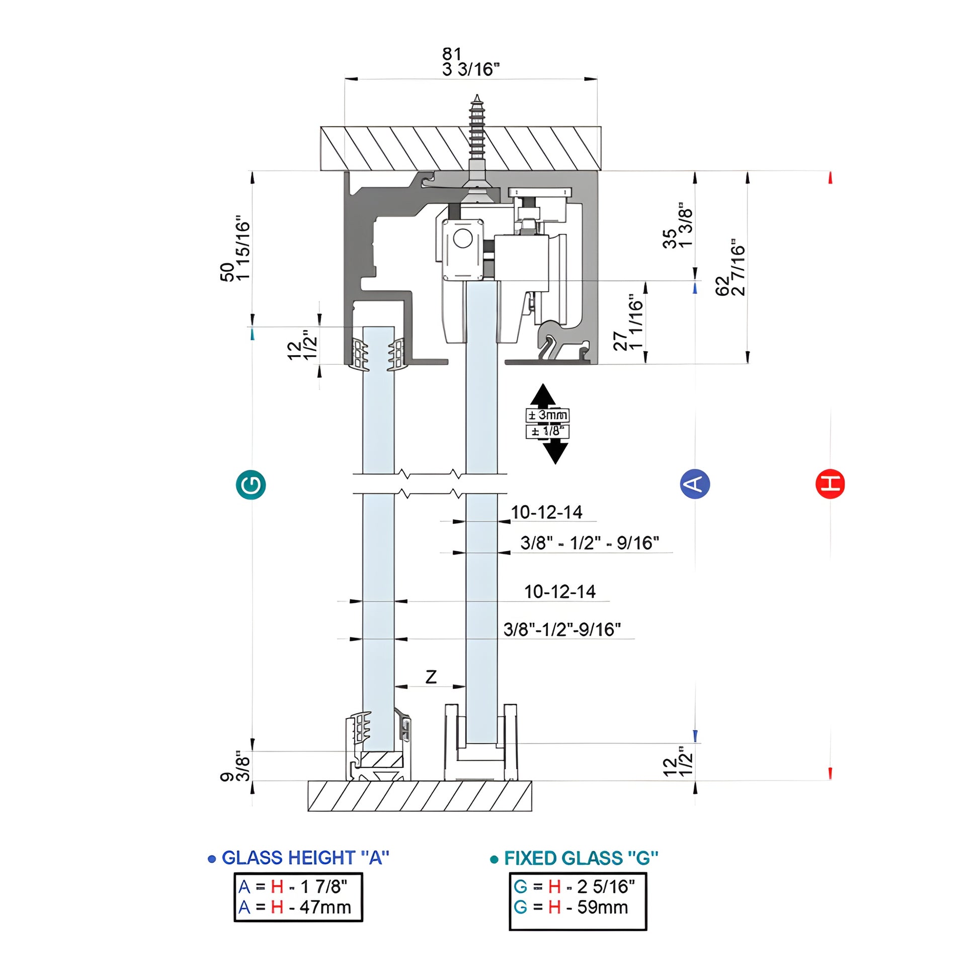 Ceiling-mounted brushed stainless anodized sliding glass door track and top-hung glass panel (CRL6901BSA)
