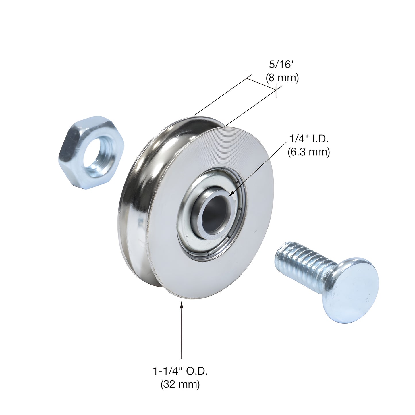 CRLD1502B steel center-grooved concave patio door roller with 1/4" hole, includes carriage bolt and nut