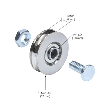 CRLD1502B steel center-grooved concave patio door roller with 1/4" hole, includes carriage bolt and nut
