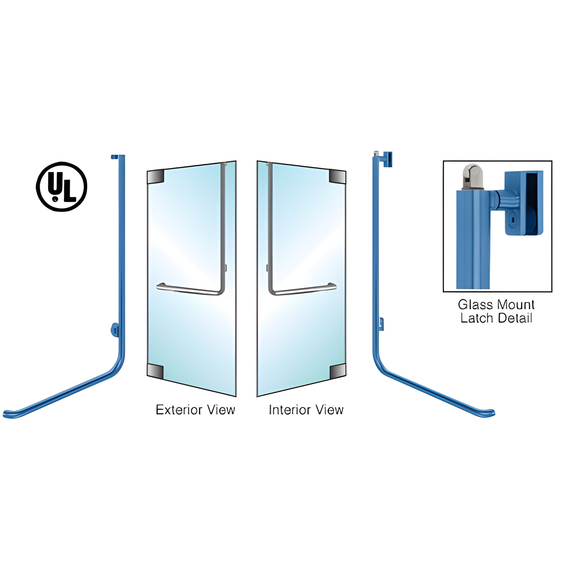 PA100D4GKPT blue powder-coated vertical-tube panic handle for 1/2" glass doors, exterior keyed access, UL certified