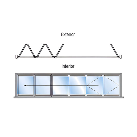 Monterey 6-panel gloss black bi-fold glass wall diagram showing exterior fold and interior stacked panels.