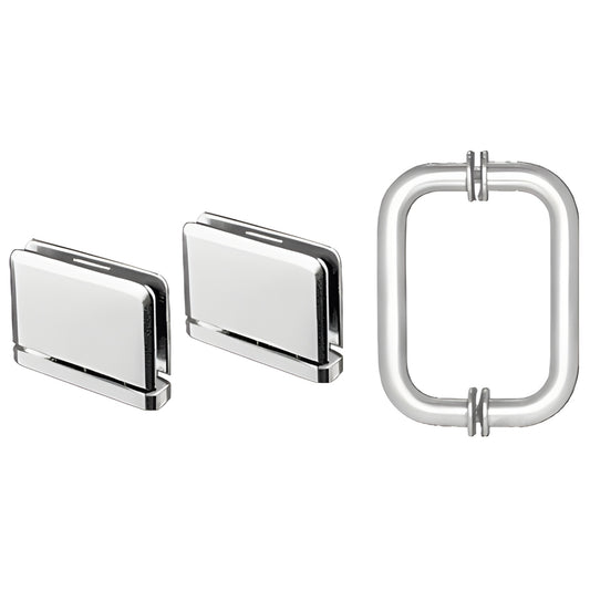PPHS3CH polished chrome shower hinge and rectangular pull set for 8-10mm glass, includes two hinges and pull