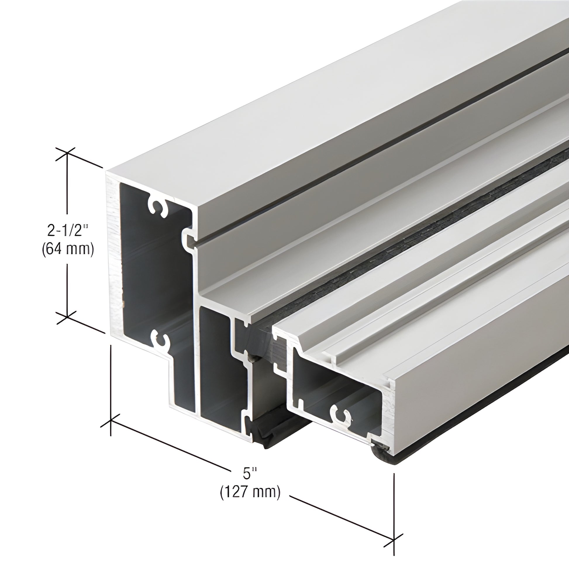 BT86711 clear anodized 6063 T5 extruded aluminum profile, 2-1/2 in x 5 in cross-section, architectural sash/curb section.