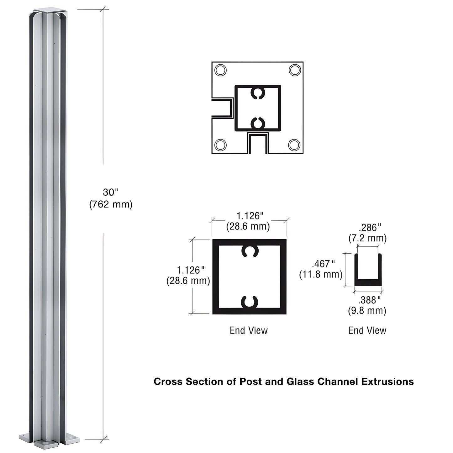 D990A30CR satin anodized aluminum 90deg corner partition post, 30in tall square tube with U channels for 1/4" glass