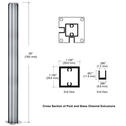 D990A30CR satin anodized aluminum 90deg corner partition post, 30in tall square tube with U channels for 1/4" glass