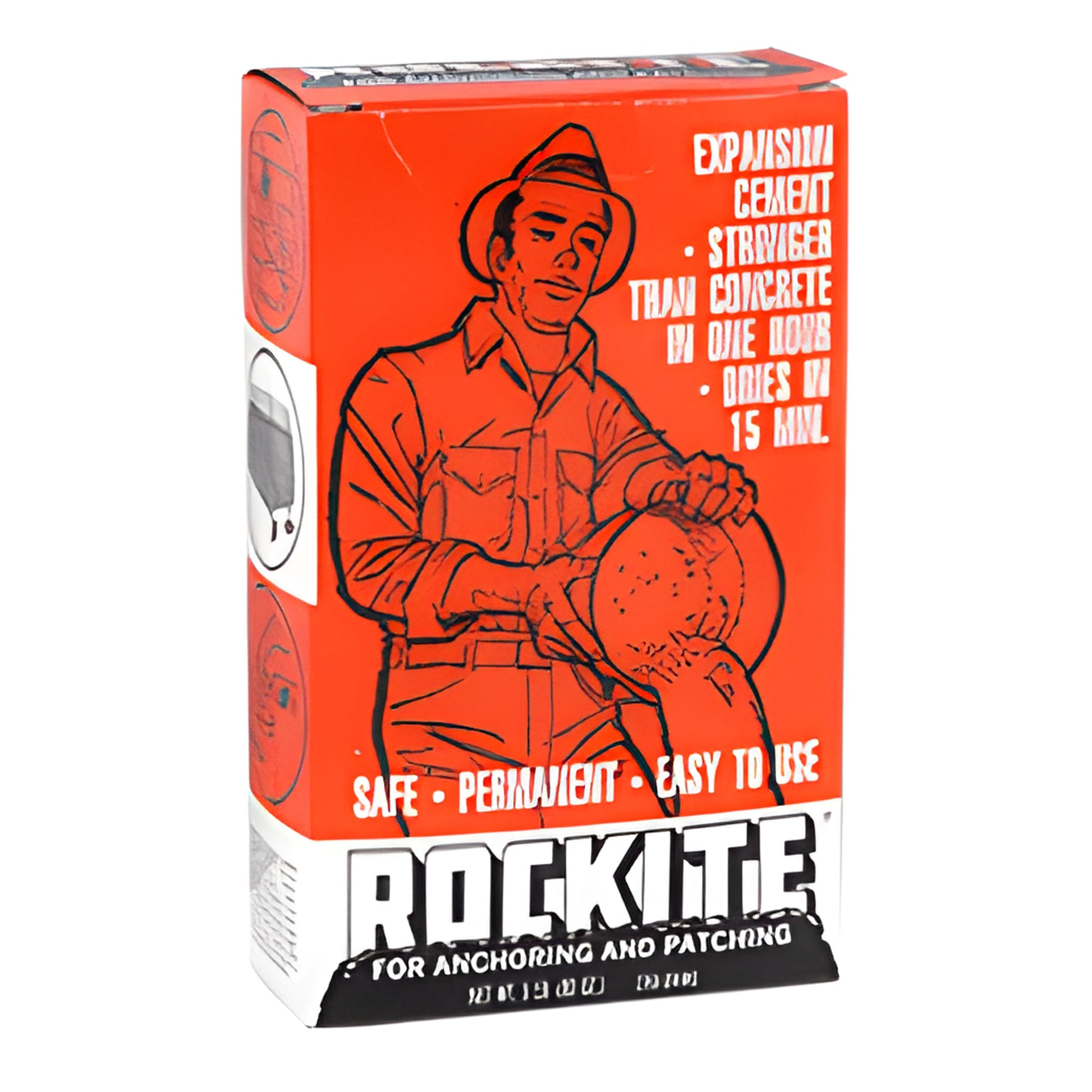 Orange box of Rockite fast-setting interior hydraulic cement (5 lb) with illustration of worker pouring - SKU R0CK05.