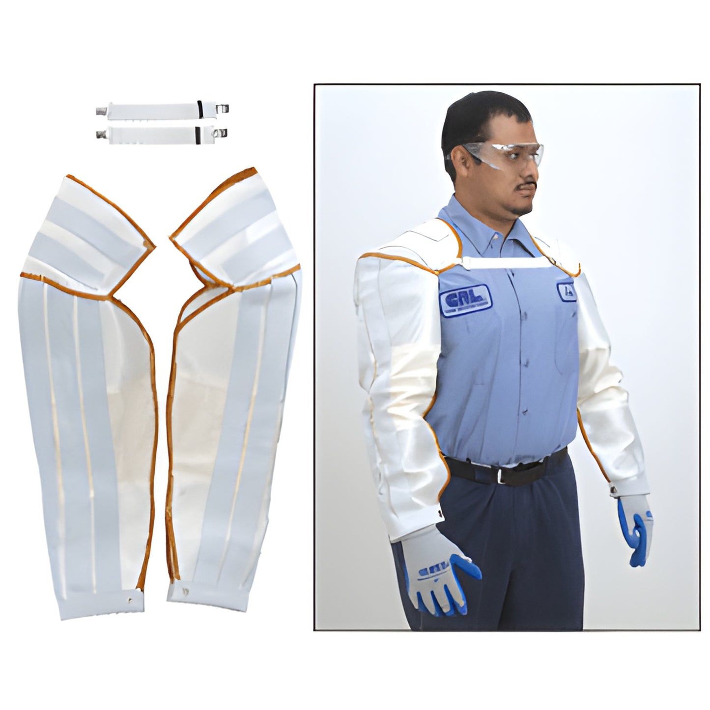 CN85031 31" cane mesh cut-resistant sleeves (pair), white with tan leather strips, open-weave shown flat and worn.