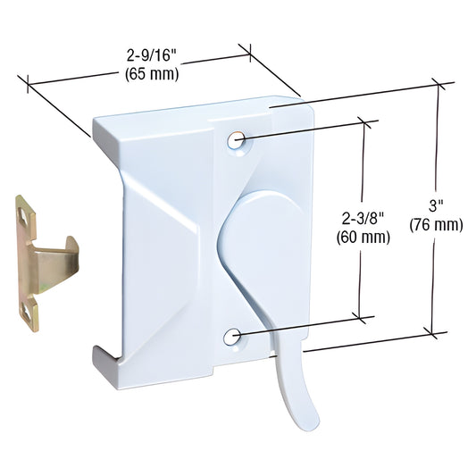 White diecast casement window sash lock with steel keeper for wood/vinyl frames, SKU H3951, 2-9/16" wide.