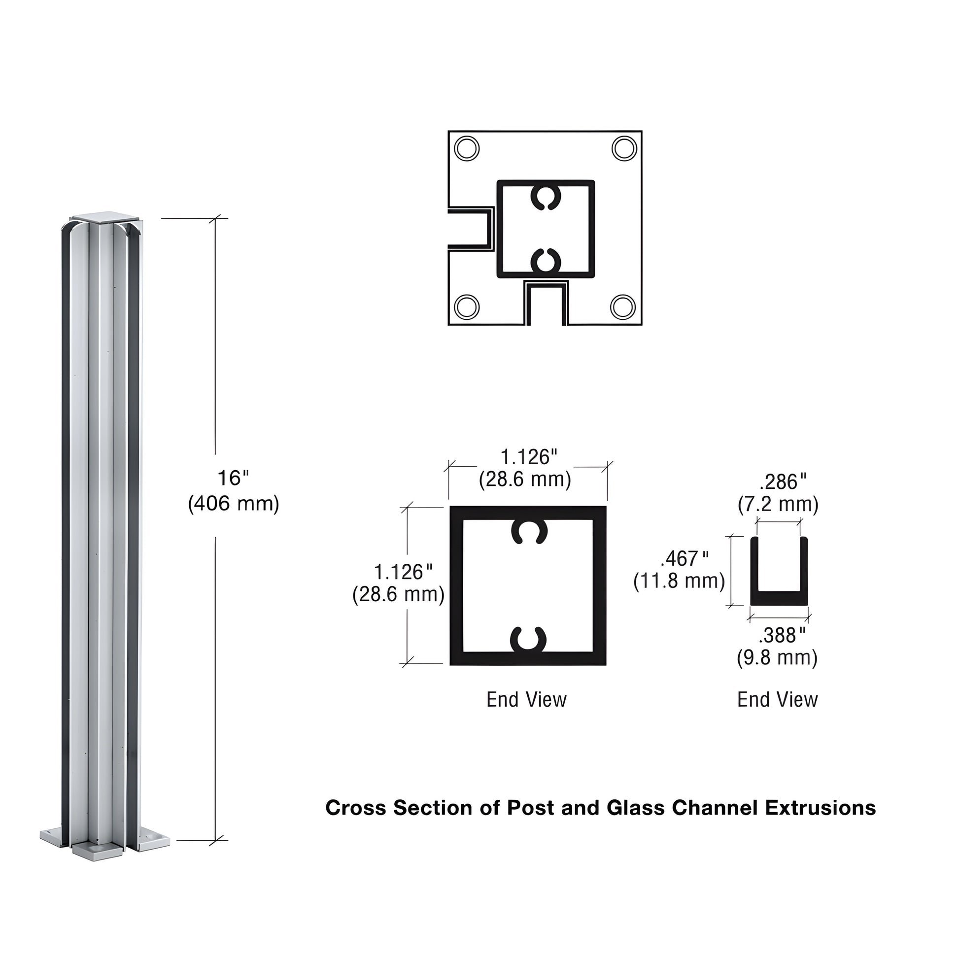 Satin anodized aluminum 90 corner partition post (D990A16CR) with U-channel glazing for 1/4" glass, square base.