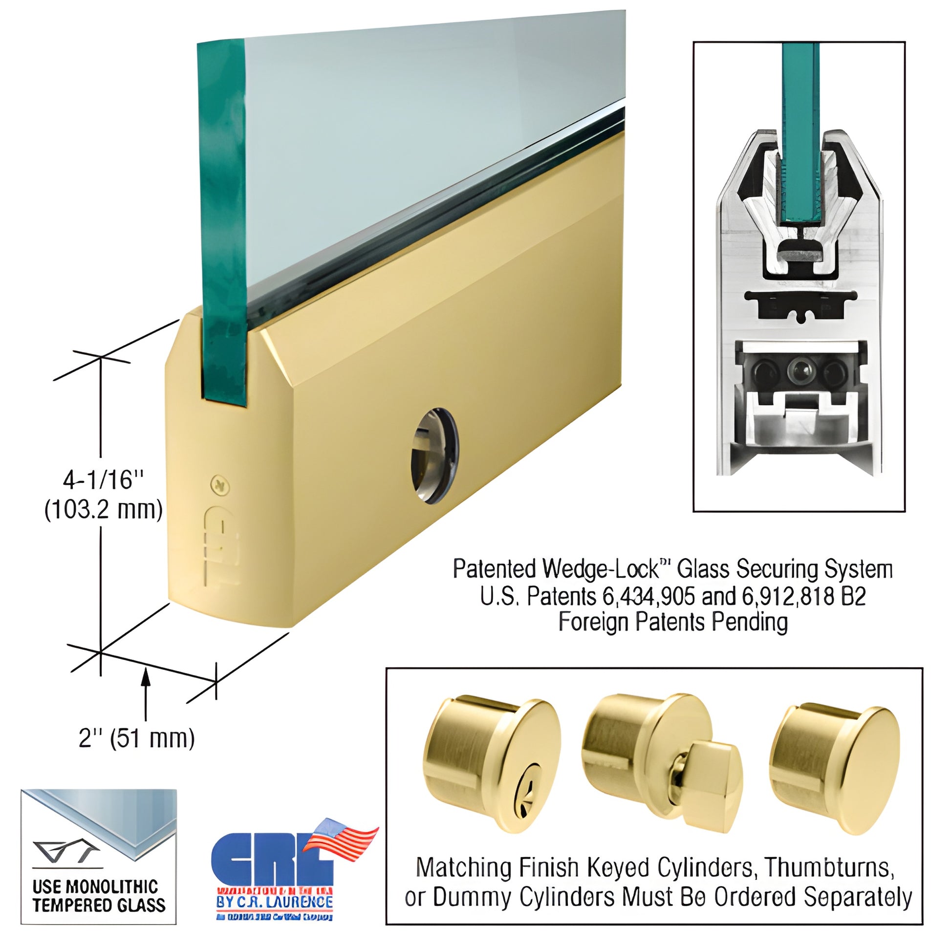 CRL Wedge-Lock 4 in satin brass door rail for 1/2 in tempered glass with lock SKU DR4TSB12CL