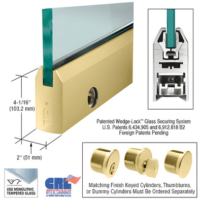 CRL Satin Brass Tapered Glass Door Rail 4" w/ Lock for 3/8" Glass