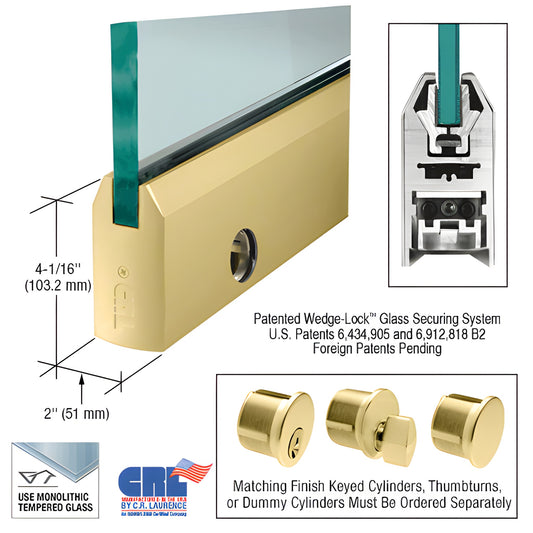 Satin brass 4 in Wedge Lock door rail for 3/8" (10 mm) tempered glass, 2 in wide - includes lock.