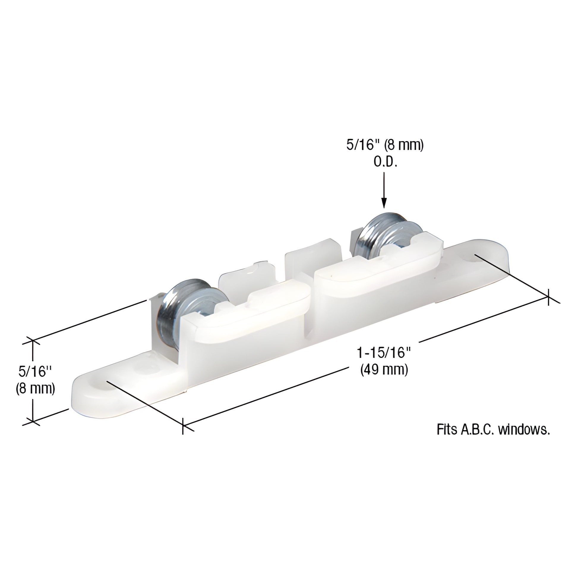 CRL G3158 nylon housing with two 5/16" steel flat rollers, 1 15/16" mounting length, window roller assembly for A.B.C. window