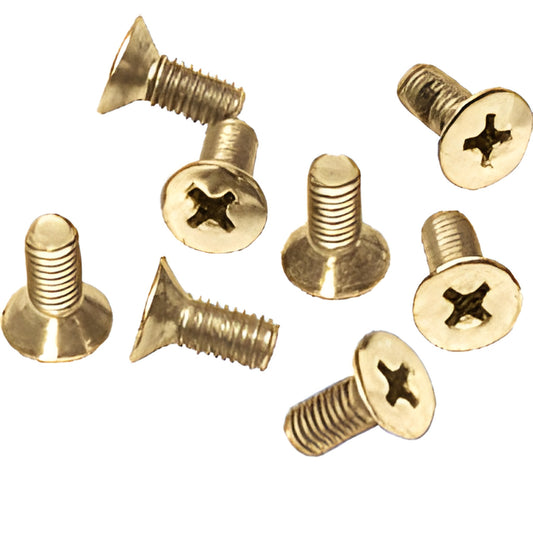 P612BR - pack of eight polished brass M6 6x12 mm flat head Phillips screws on white background