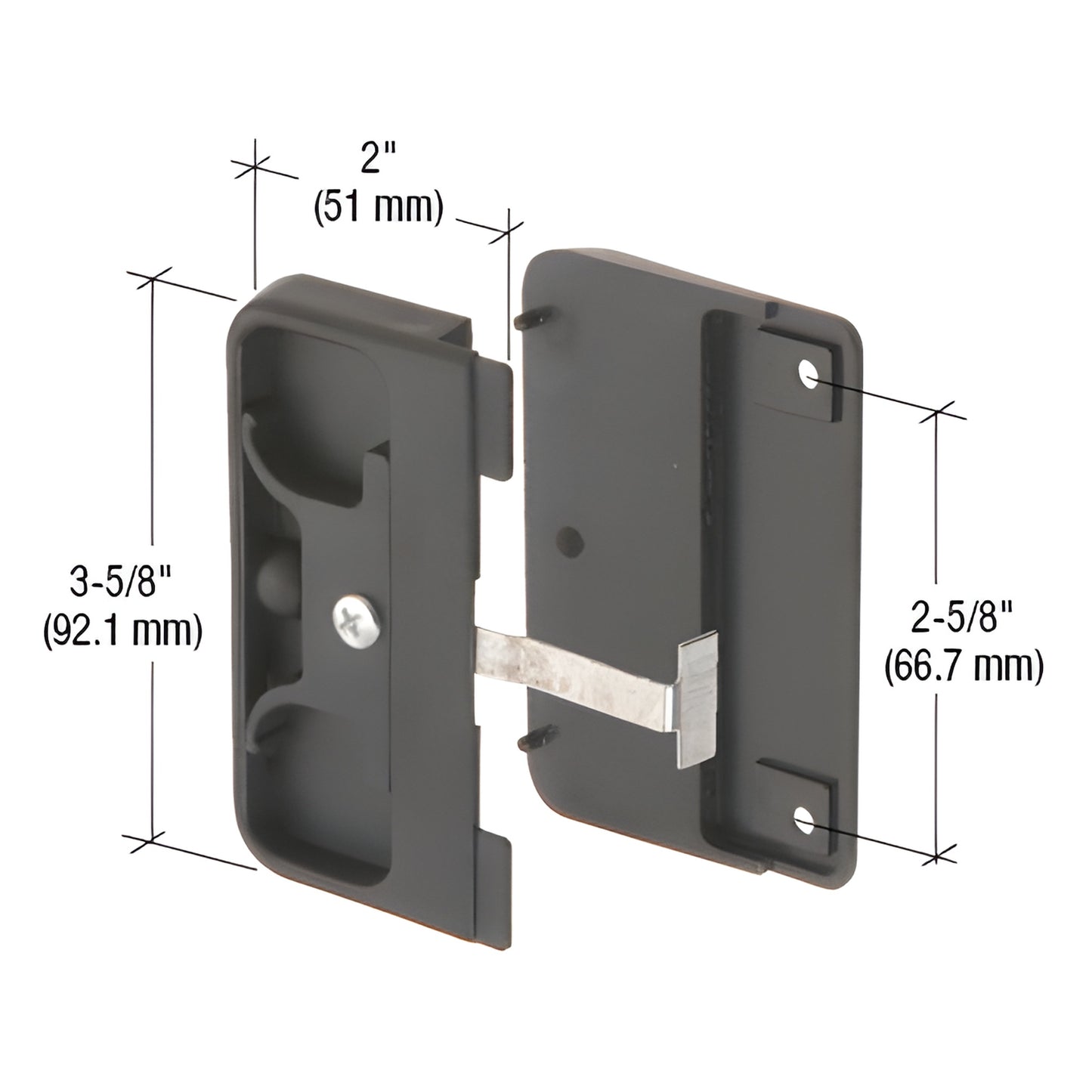 SKU A142: black non-handed mortise latch set with black plastic pulls and steel latch, 3-5/8" tall
