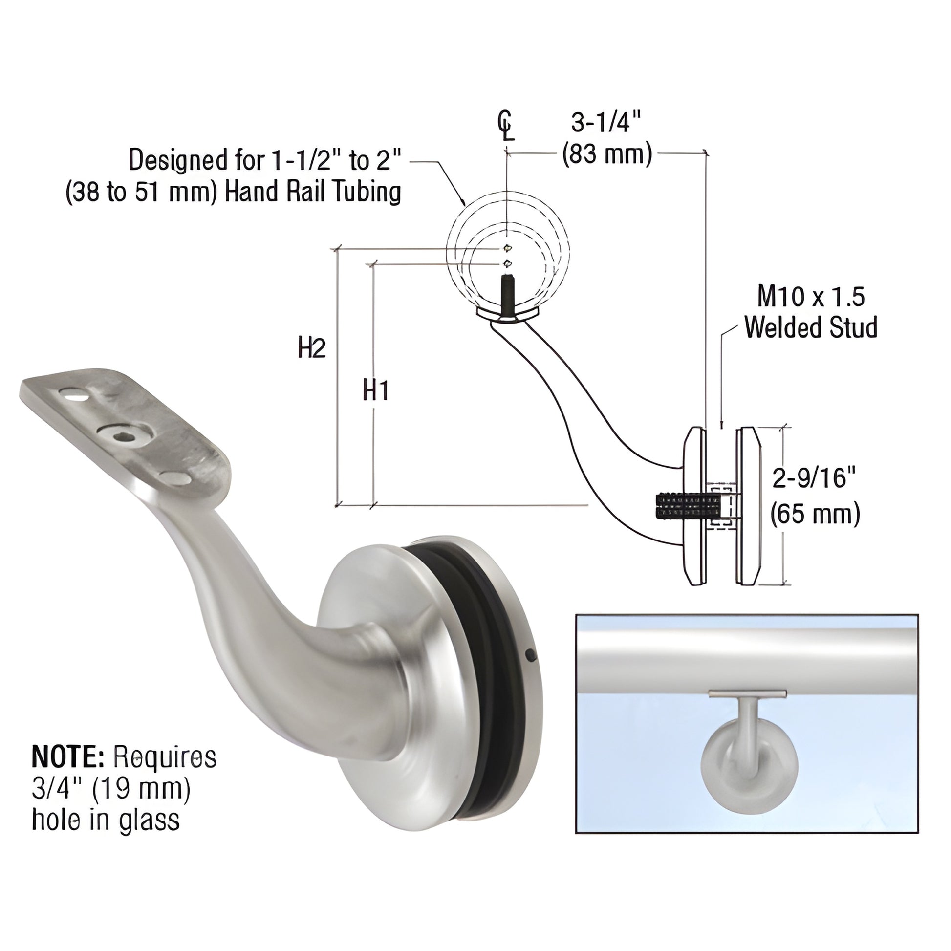 CRL HR4GBS glass-mounted brushed stainless handrail bracket, 3-1/4" projection, fits 1-1/2"-2" tubing, requires 3/4" glass ho