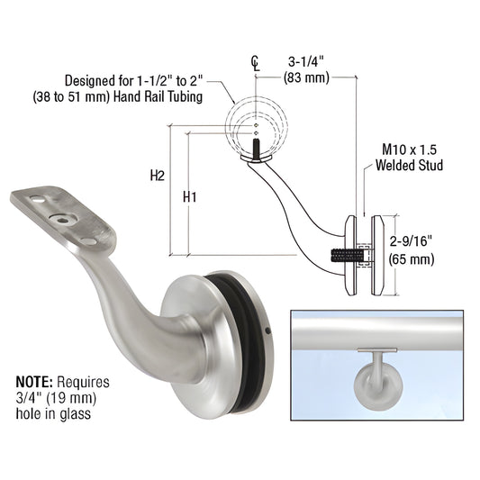 CRL HR4GBS glass-mounted brushed stainless handrail bracket, 3-1/4" projection, fits 1-1/2"-2" tubing, requires 3/4" glass ho