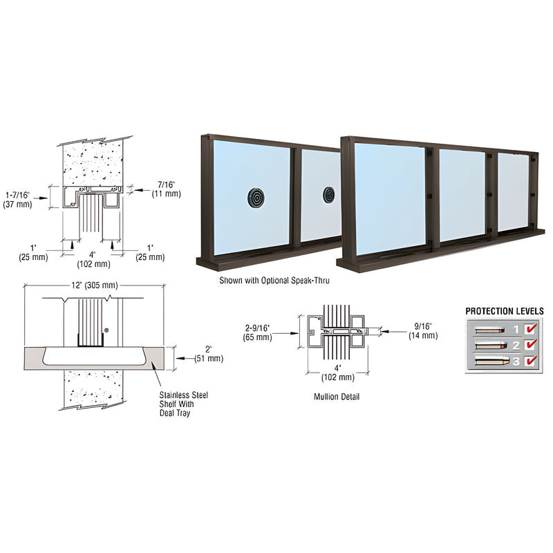 Narrow inset multi lite bullet resistant aluminum window, Duranodic bronze finish with shelf/deal tray (SKU N1SWDU)