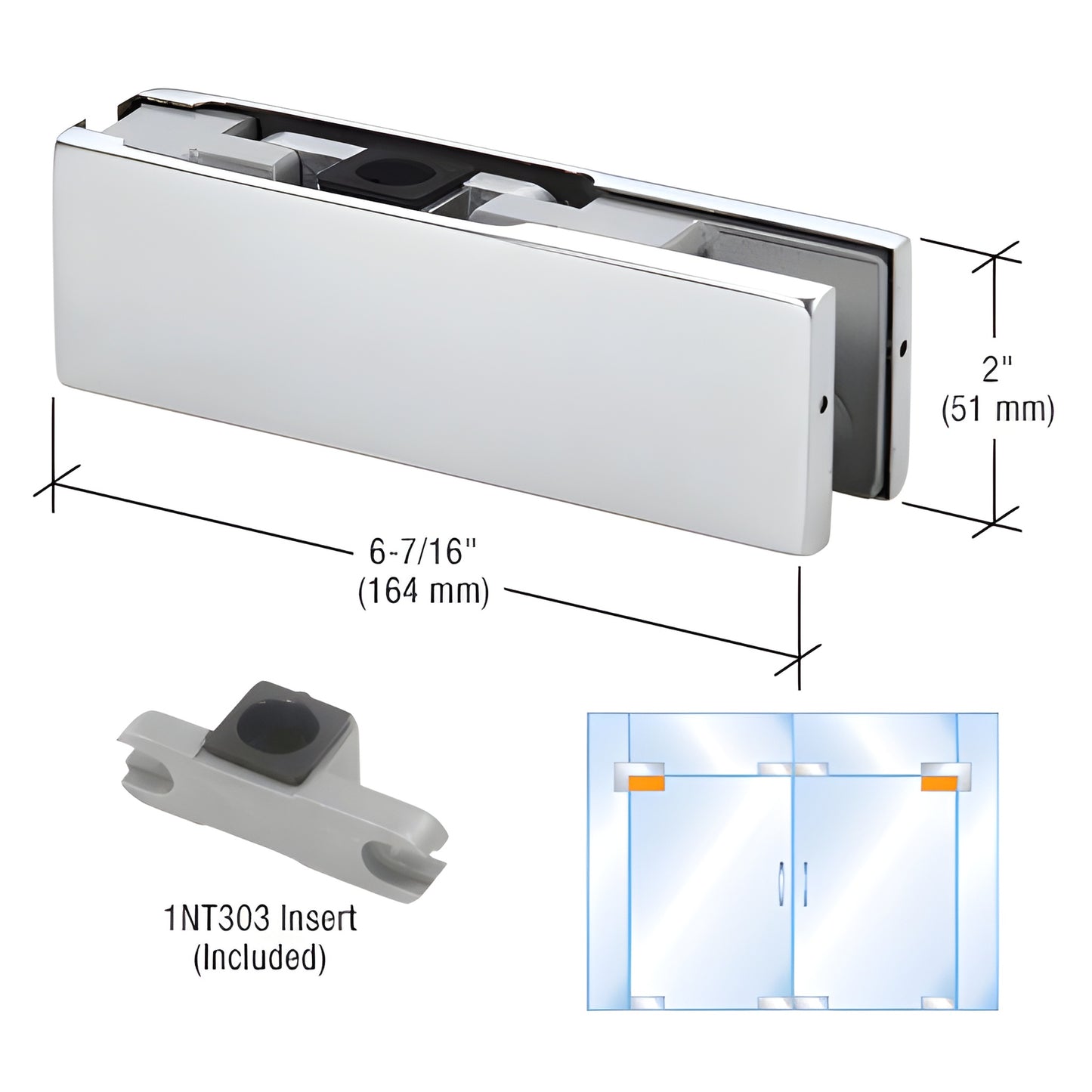 DORMAKABA PT2034PS polished stainless steel top patch fitting for 3/4" glass, 6-7/16" (164mm), includes 1NT303 insert