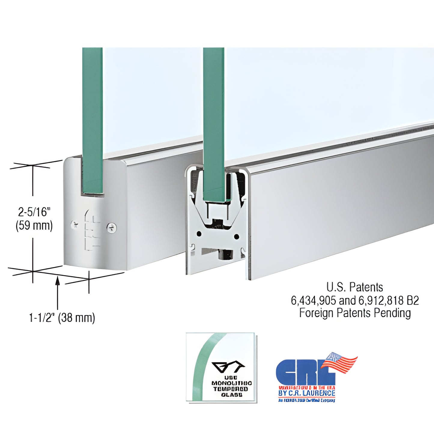 CRL low-profile satin anodized aluminum door rail DR2SSA12S, 35-3/4 in for 1/2 in glass, 2-5/16 in tall, Wedge-Lock