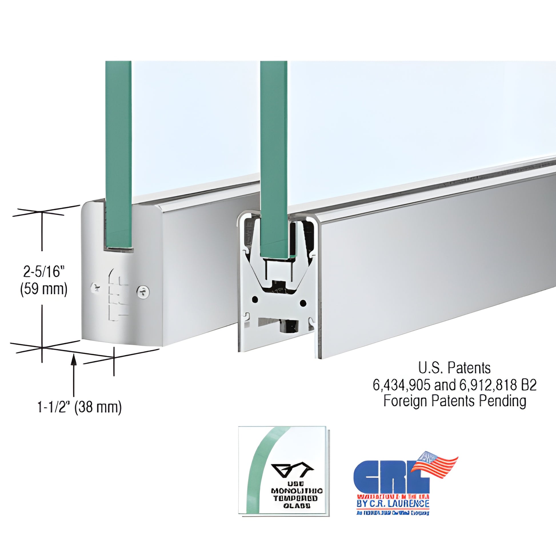 CRL low-profile satin anodized aluminum door rail DR2SSA12S, 35-3/4 in for 1/2 in glass, 2-5/16 in tall, Wedge-Lock