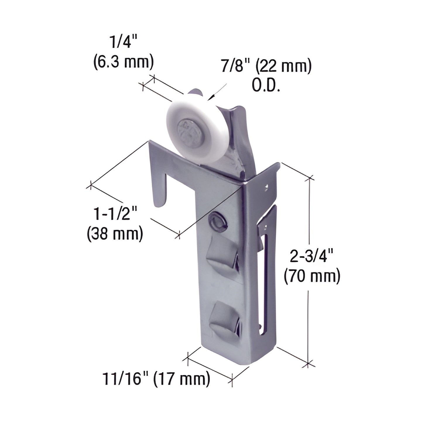 CRL wardrobe nylon roller bracket (SKU N6548), adjustable stamped steel housing with 7/8" nylon wheel for Acme bi pass doors