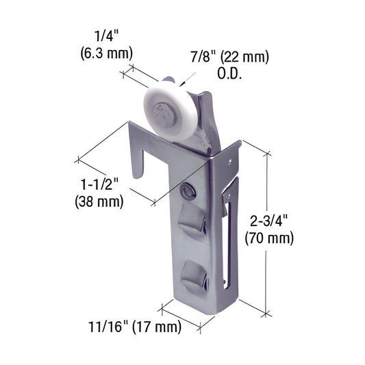 CRL wardrobe nylon roller bracket (SKU N6548), adjustable stamped steel housing with 7/8" nylon wheel for Acme bi pass doors