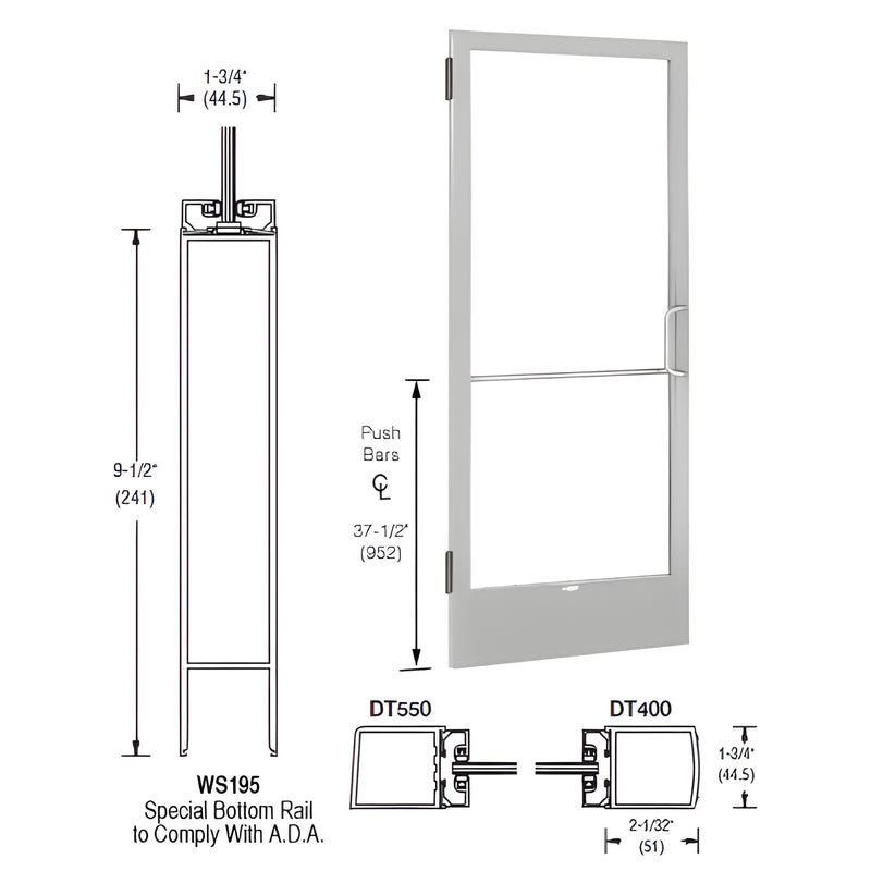 DE22511R136 - Clear anodized 36x84 inactive glass entrance door, 2" narrow stiles, 9-1/2" bottom rail, for 1/4" glass.