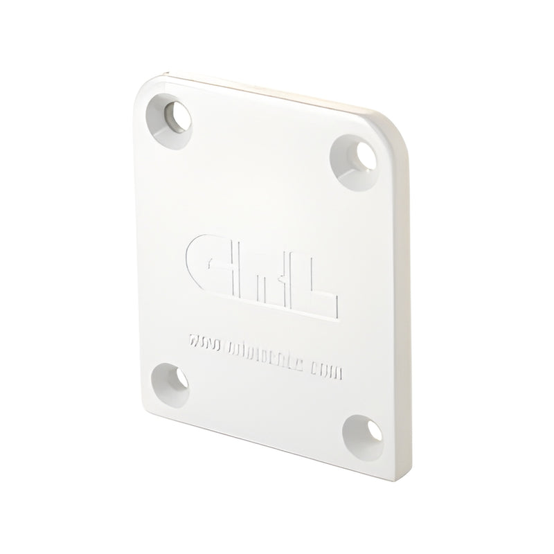 FB1ECW Sky White aluminum fascia mount bracket end cap, square with four countersunk screw holes and embossed logo.
