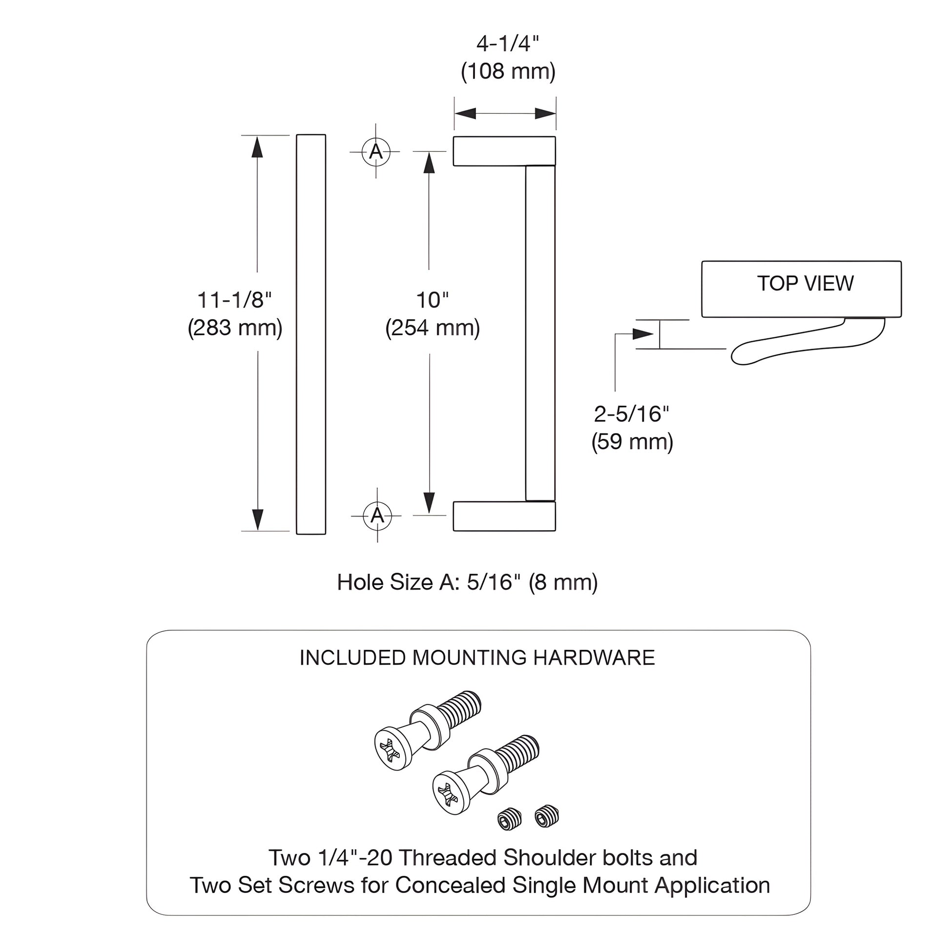 Satin anodized extruded aluminum pull handle, 10 in. center-to-center, single-sided, SKU DL915A