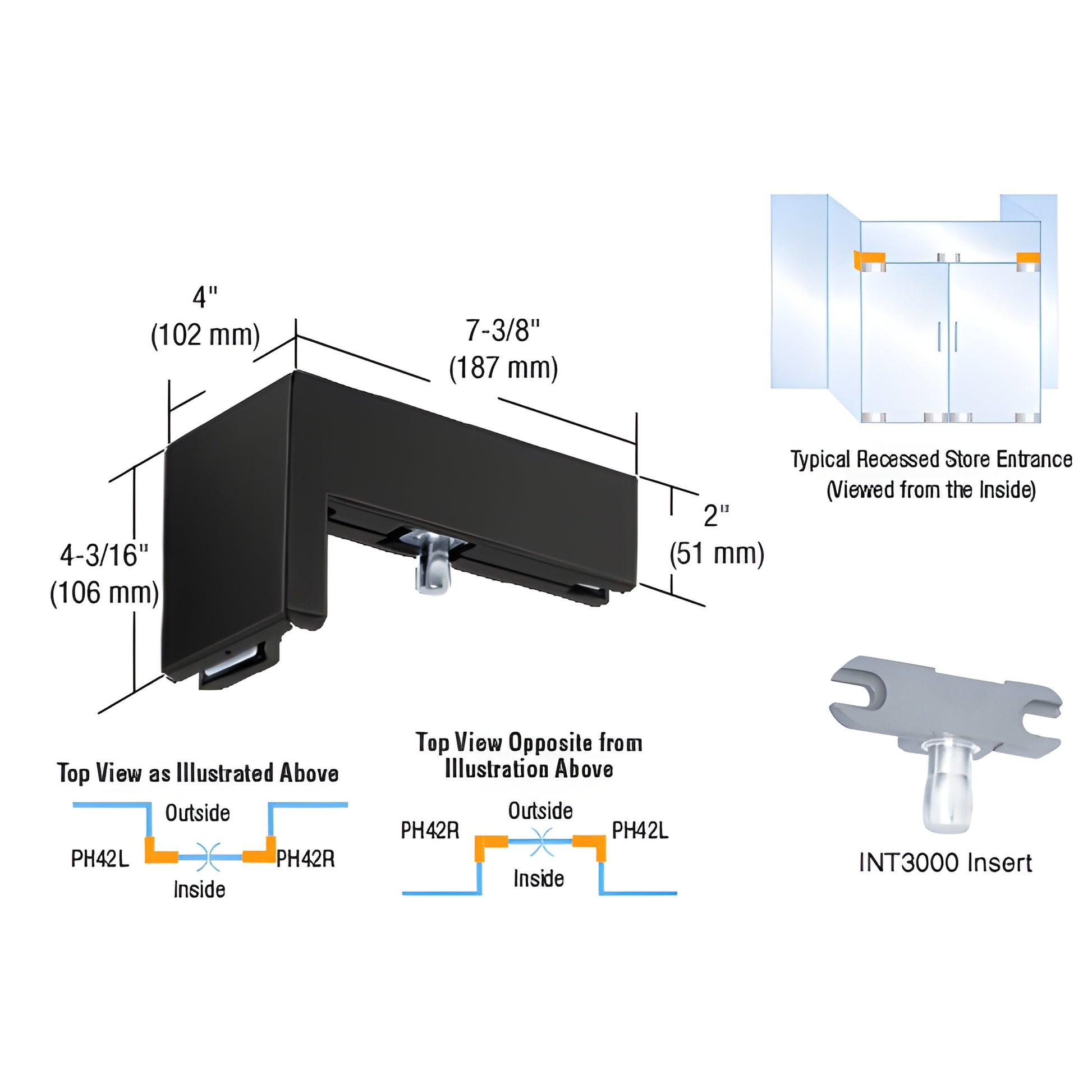 Matte black 90 left-hand sidelite transom patch (PH42LMBL) for 3/8" frameless glass doors with INT300 insert.