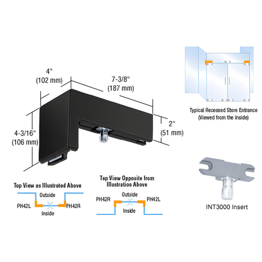 Matte black 90 left-hand sidelite transom patch (PH42LMBL) for 3/8" frameless glass doors with INT300 insert.