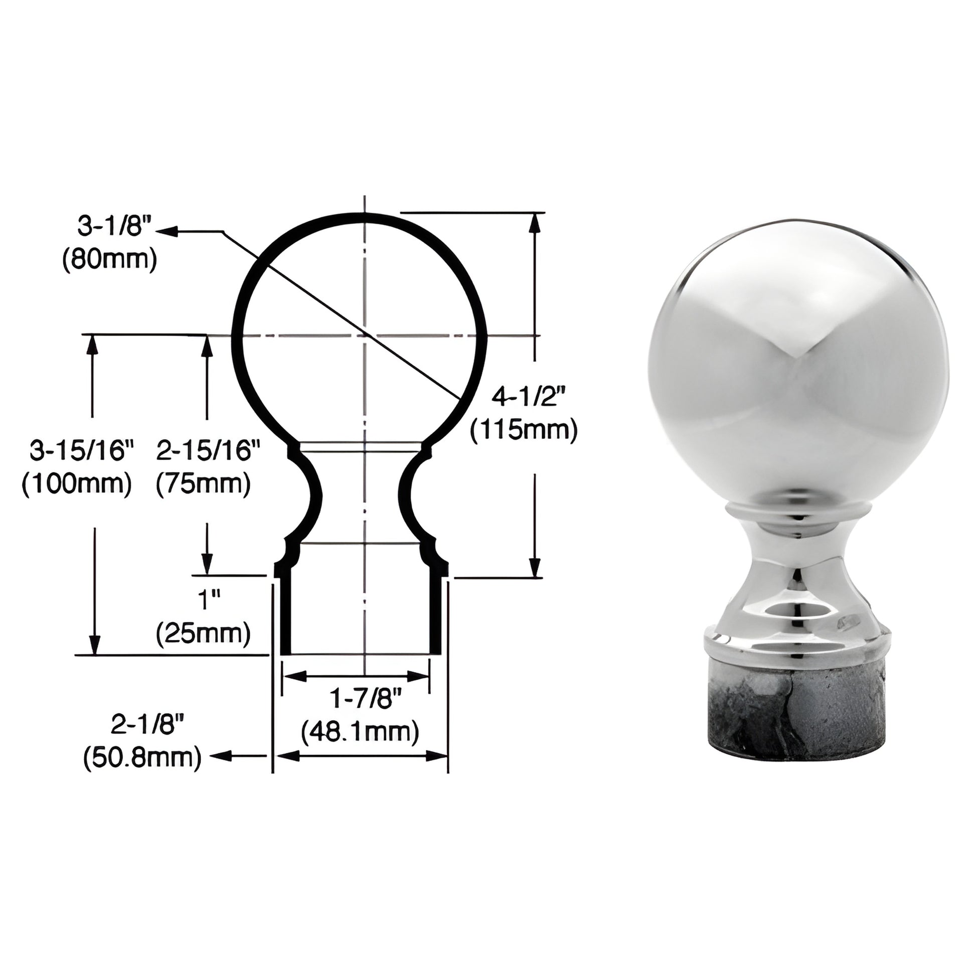 Polished stainless steel ball end cap for partition posts, 4-1/2" height, adhesive mount - SKU SA508PS