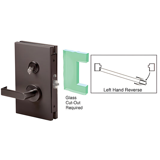 DL611LSDU black bronze 6x10 center deadlatch for 1/2" tempered glass, left-hand reverse, lever and cylinder.