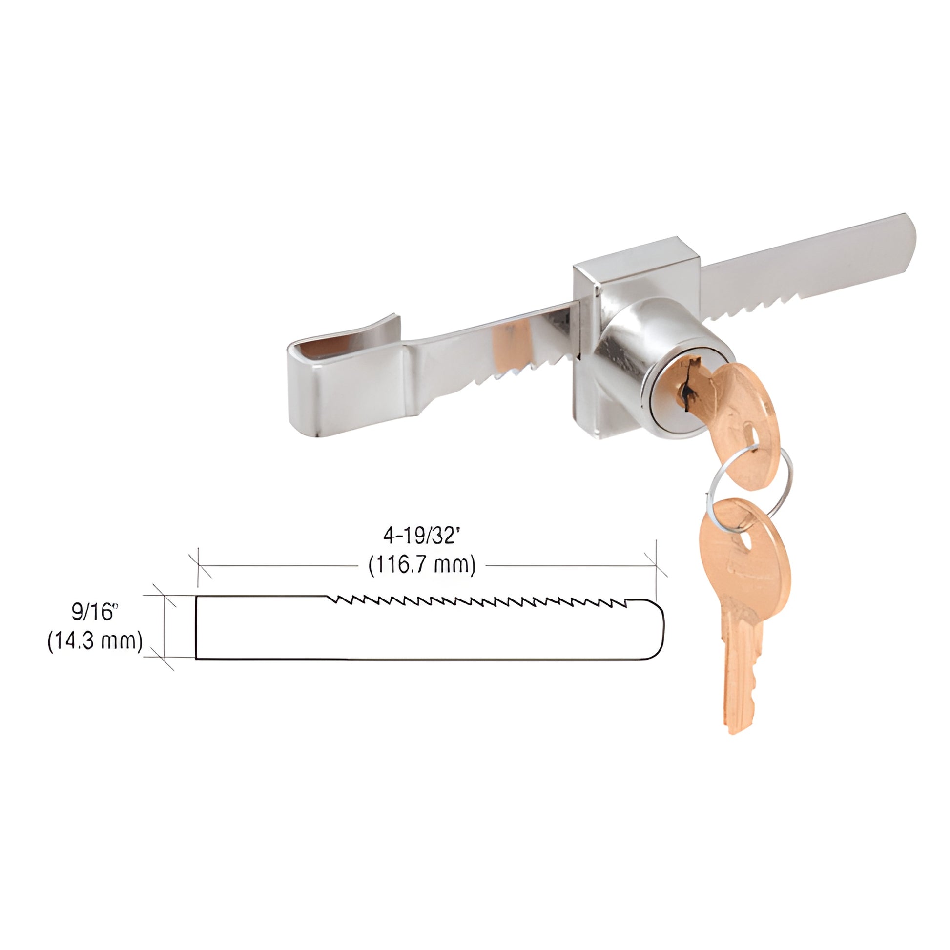 Polished chrome sliding glass door lock with pick-proof cylinder and two keys, fits 1/4" (6mm) glass, SKU KV965