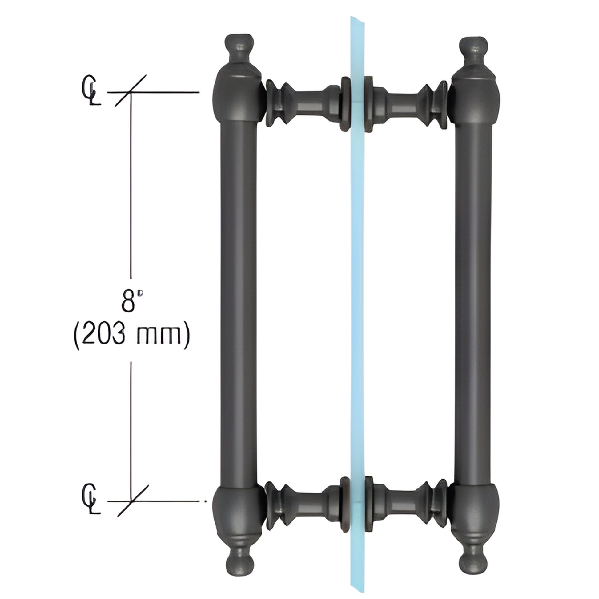 Matte black Colonial brass back-to-back pull handle, 8 in center-to-center, fits 1/4-1/2 in glass. SKU C0L8X8MBL