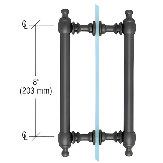 Matte black Colonial brass back-to-back pull handle, 8 in center-to-center, fits 1/4-1/2 in glass. SKU C0L8X8MBL