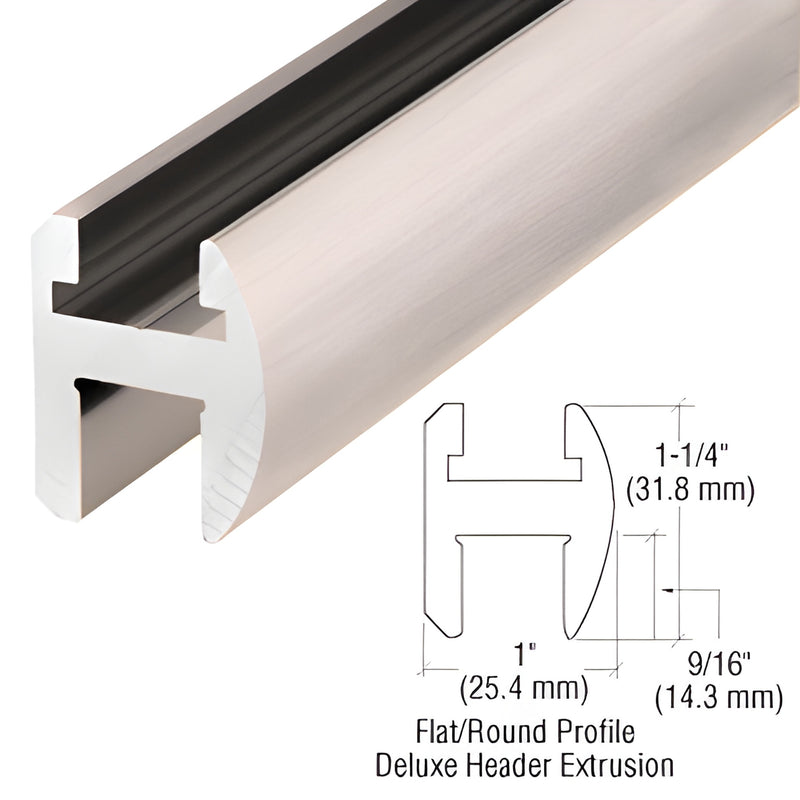 SDH980BN brushed nickel aluminum deluxe header extrusion for frameless glass doors, 1-1/4" face, fits 5/16-1/2" glass.