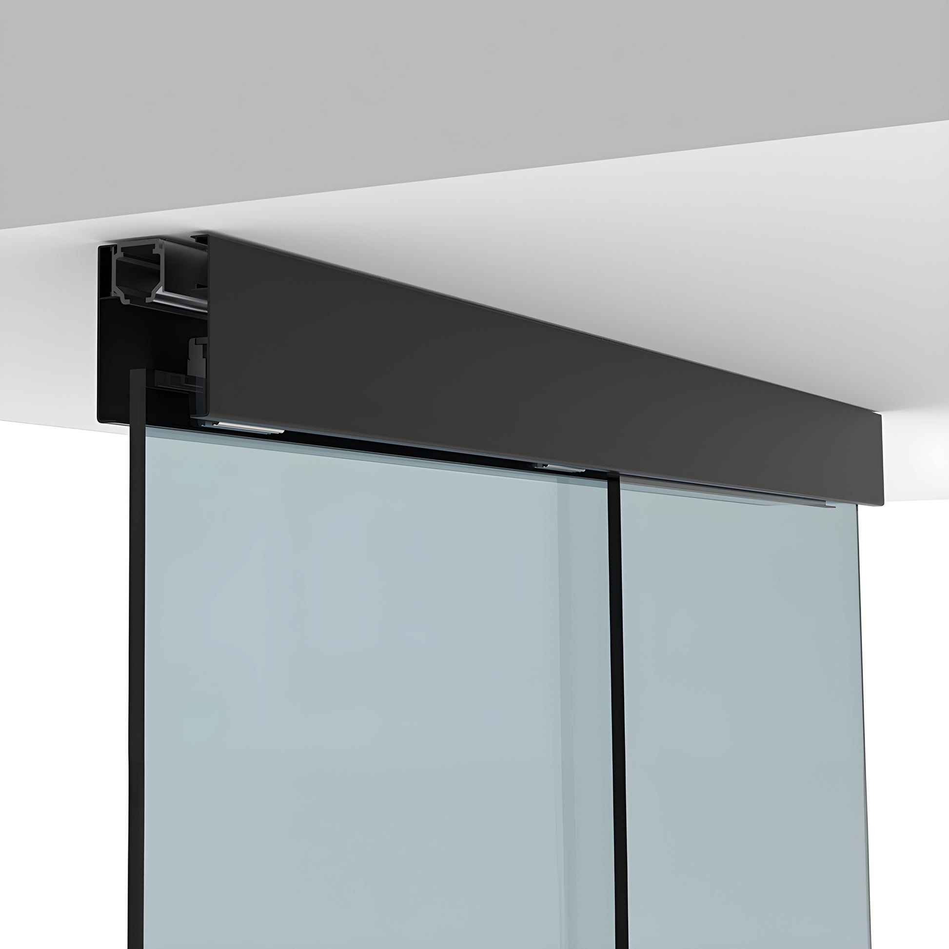 CRL501CMBL matte black ceiling-mounted sliding glass door track kit, 3000mm, for 8mm tempered glass, supports up to 176 lb.