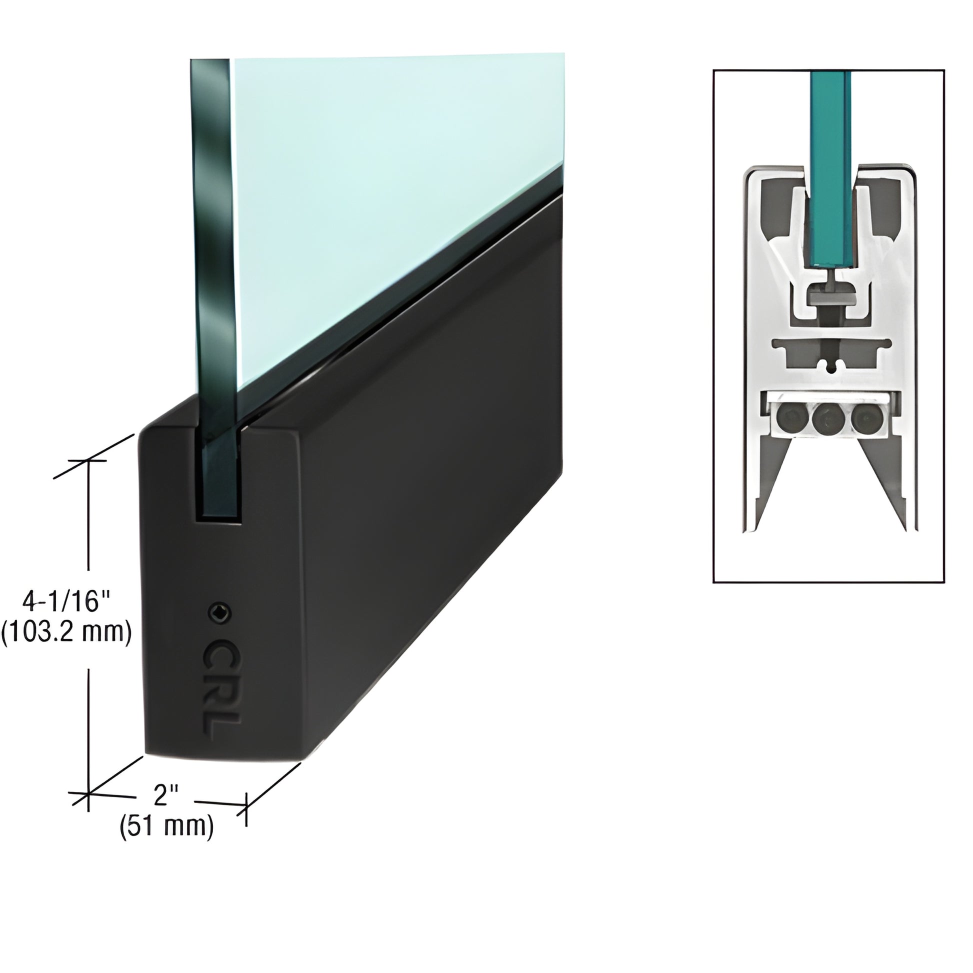 Matte black CRL Wedge-Lock door rail DR4SMBL12C, 4-1/16" tall 2" wide for 1/2" (12mm) tempered glass, includes lock.